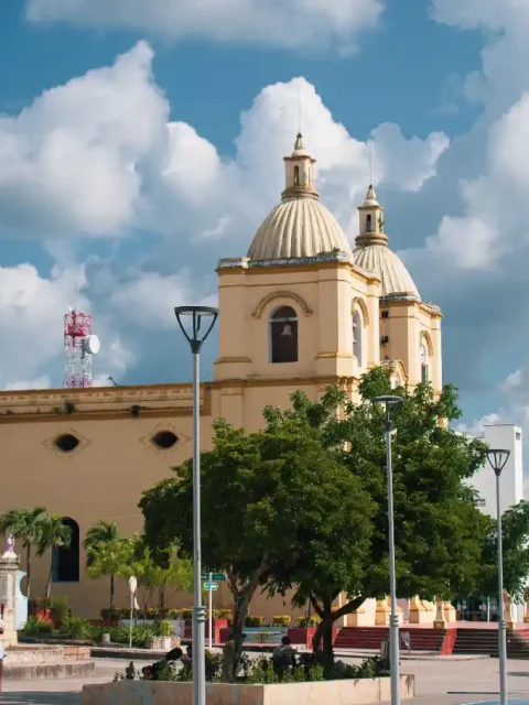 A colonial church with twin bell towers in the city of Merida.