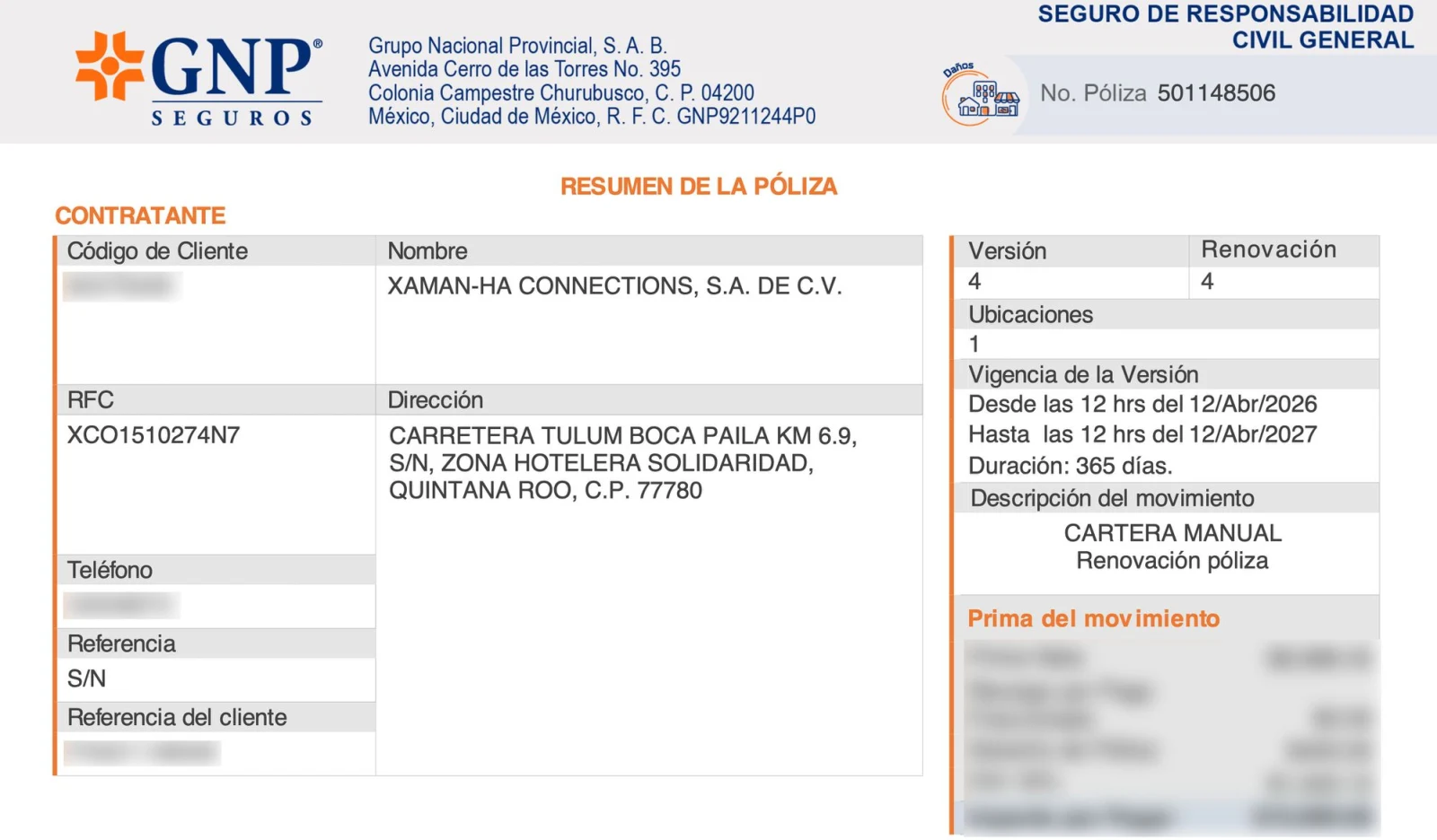 GNP liability insurance policy for Xaman-Ha Connections, valid April 2026 to April 2027